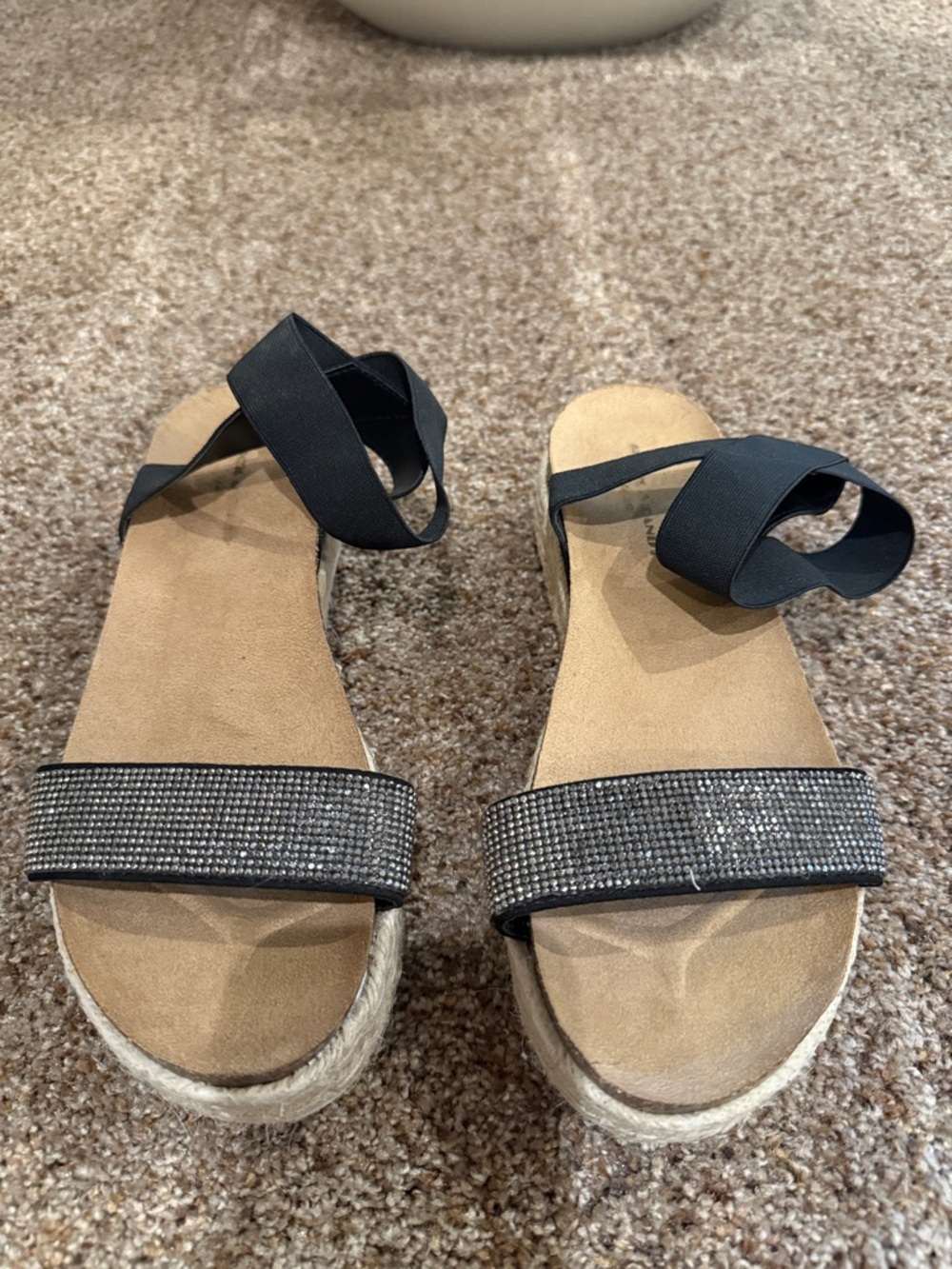 Rock & Candy Black Rhinestone Espadrille Sandals with Ankle Wrap